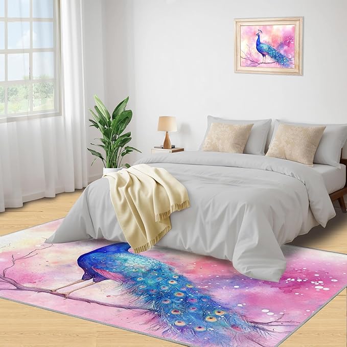Peacock Rugs for Living Room - 4x5 Rug, Fantasy Peacock Area Rugs for Bedroom, Peafowl Rug, Girls Room Washable Carpet, Aesthetics Carpet - Peafowl Home Decor & Gifts
