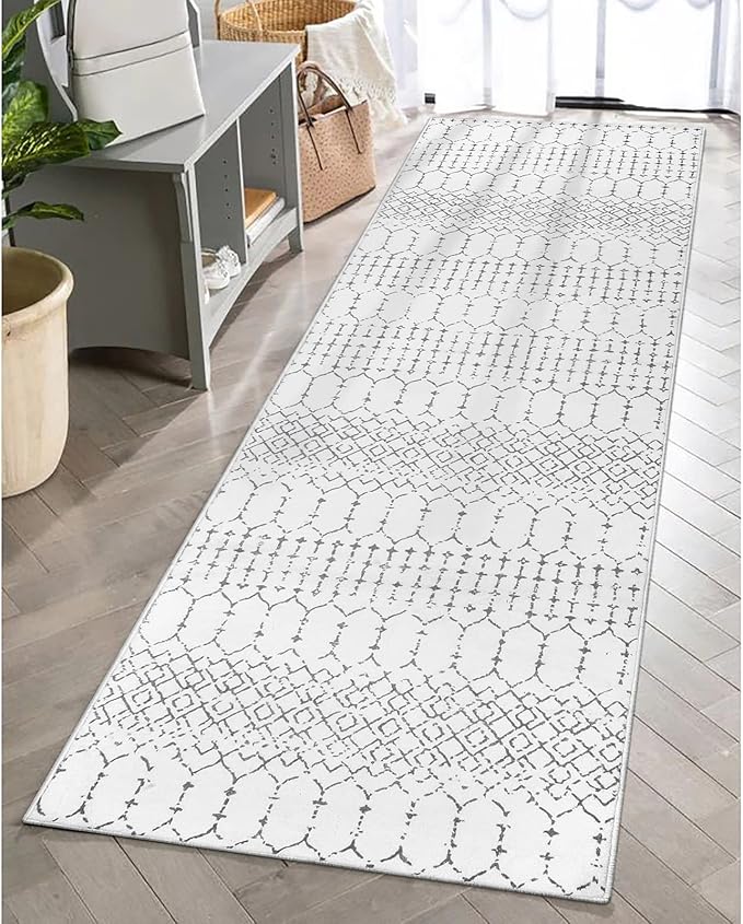 Lahome Moroccan Washable Runner Rug - 2x6 Non-Slip Throw Hallway Rug Runner Ultra-Thin Soft Kitchen Laundry Room White Print Distressed Carpet for Entryway Bathroom Living Room