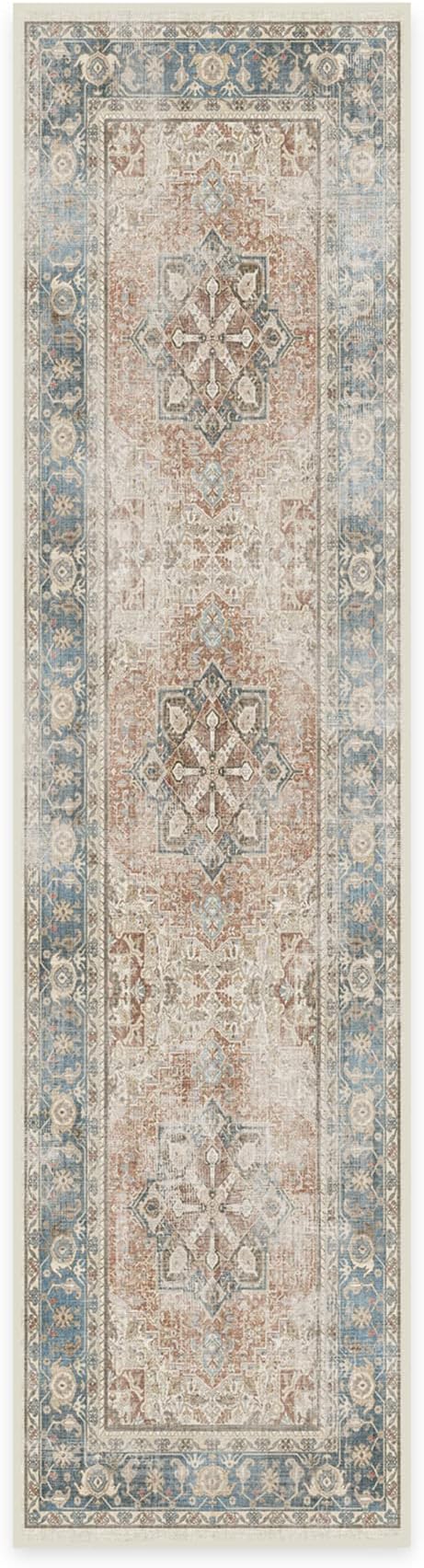RUGGABLE Washable Vintage Runner Rug – Kamran Coral 2.5x10, Stain-Resistant, Non-Slip Hallway Runner – Machine Washable Rug for Hallway, Entryway, Living Room & Kitchen–with Cushioned Pad