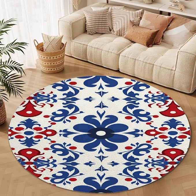 Vintage Blue Flowers Washable Round Rugs Oriental Tribal Floral Circle Rugs for Living Room Entryway Round Area Rug Soft Non Slip Nursery Carpet for Bedroom Dining Coffee Table 3ft