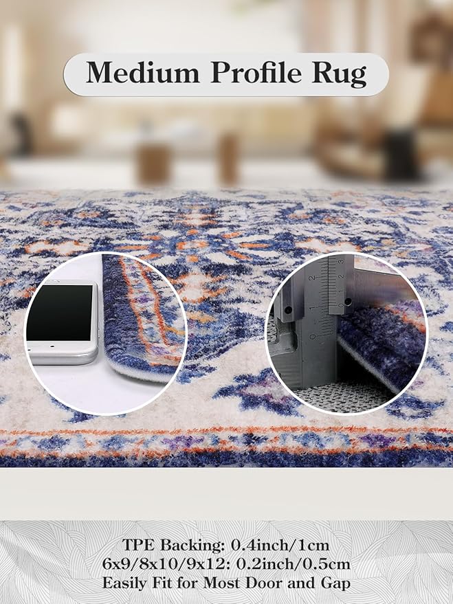 Lahome Round Rug 4ft, Washable Bathroom Rug Non Slip Entryway Circle Mat, Bohemian Vintage Non-Slip Non-Shedding Low Pile Printed Indoor Carpet for Kitchen Laundry Entryway, Blue Purple/Multi