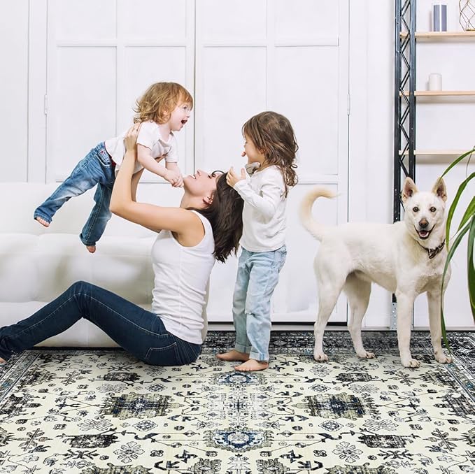 Area Rug Non Slip Machine Washable Ultra Soft Living Room/Bedroom/Kitchen/Outdoor/Classroom White Gray, 8'×10'