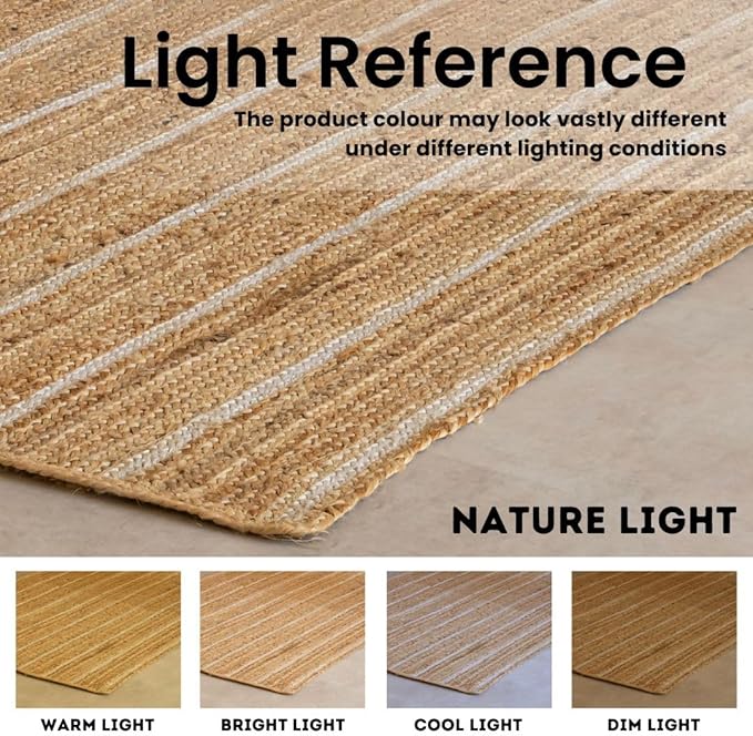 HOMEMONDE Natural Braided Jute Area Rug 5x8 ft - Off White Stripe Eco Friendly Premium Fiber - Hand Woven Rustic Vintage Farmhouse Rugs for Bedroom, Kitchen, Living Room, Dining Room