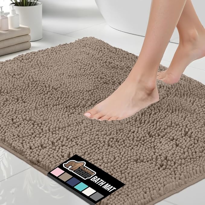 GORILLA GRIP Bath Rug Mat 60x17, Thick Absorbent Chenille, Quick Dry Microfiber Mats, Rubber Backing Washable Shower Floor Rugs, Bathmat Runner, US Designed Bathroom Home Decor Accessories Gray Beige