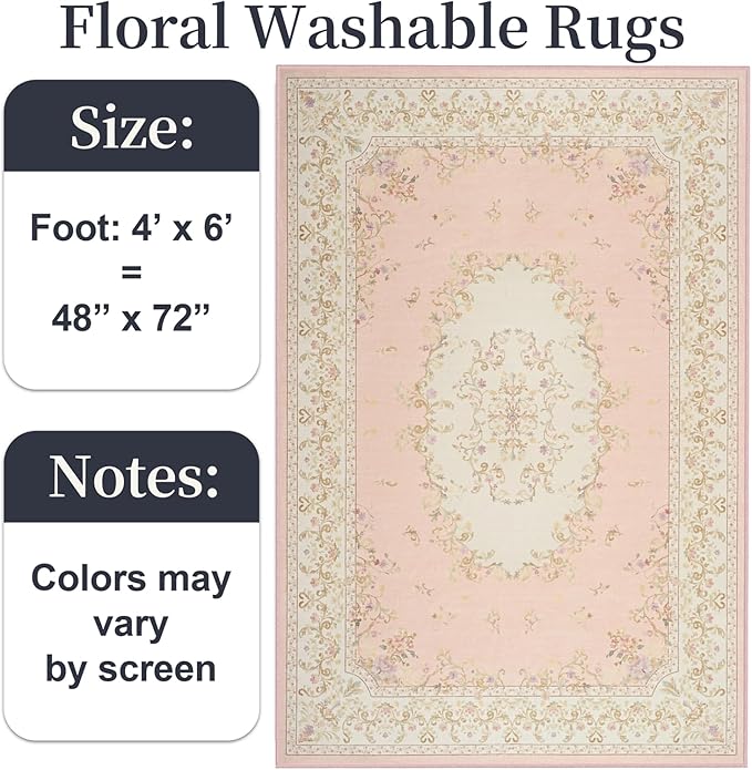 Nursery Rug for Baby Girl, Cute Pink 4x6 Area Rugs for Bedroom Non Slip, Floral Washable Soft Faux Wool Carpet for Living Room Dorm Kids Playroom Office Kids Playroom