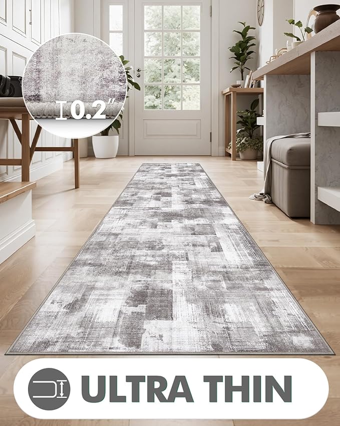 LUMI Washable Runner Rug, 3'x10' Non-Slip Hallway Mat, Low Profile Thin Long Carpeet for Laundry Kitchen Bedroom Office, Grey
