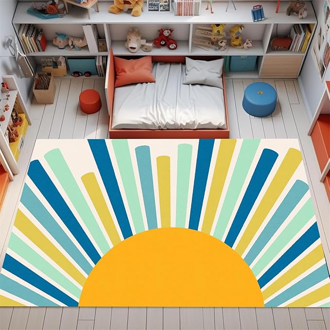 Rainbow Sun Area Rug,3x4ft,Boho Geometric Print Rug, Modern Mid-Century Colorful Rug for Kids Girls Boys Bedroom, Living Room, Classroom, Office Non-Slip Washable
