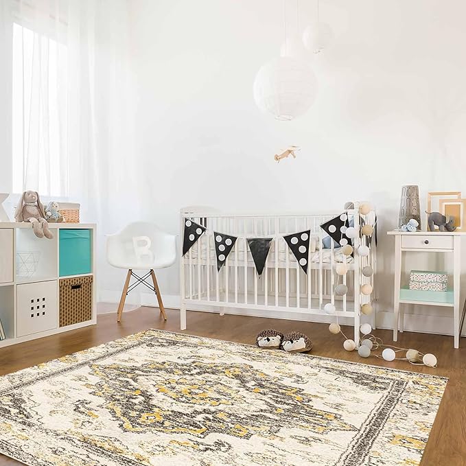 Bohemian Pattern Rectangular Area Rugs for Living Room Bedroom 2.8 x 5 ft Brown & Yellow Abstract Non-Shedding Soft Low Pile Rug Non Slip Washable Rug for Nursery Entryway Playroom