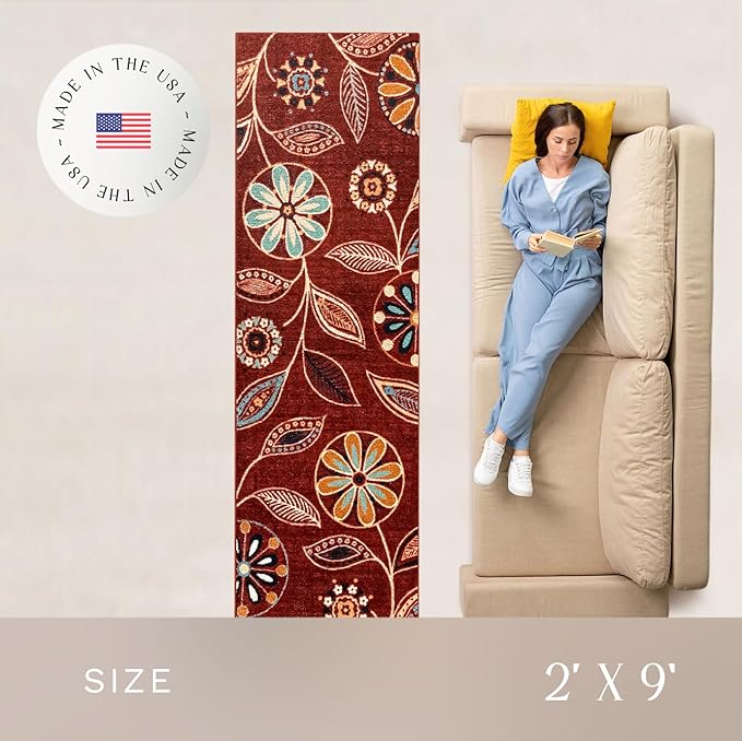 Maples Rugs Reggie Floral Runner Rug - Made in USA - Washable, Non Slip Indoor Carpet for Kitchen, Hallway, and Laundry Room, 2' x 9', Merlot
