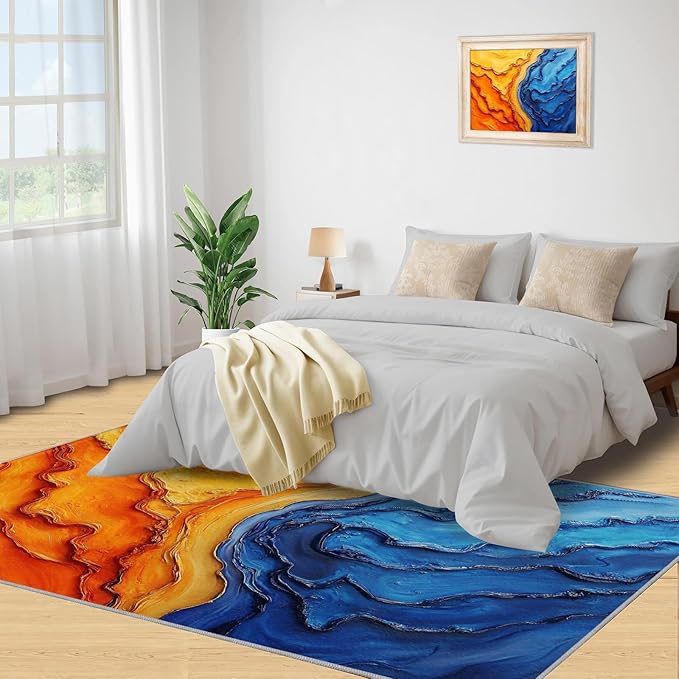 Navy Blue Rugs for Bedroom - 6x8 Area Rug - Abstract Blue Orange Rugs for Living Room, Modern Simple Art Rug, Washable Home Decor Carpet
