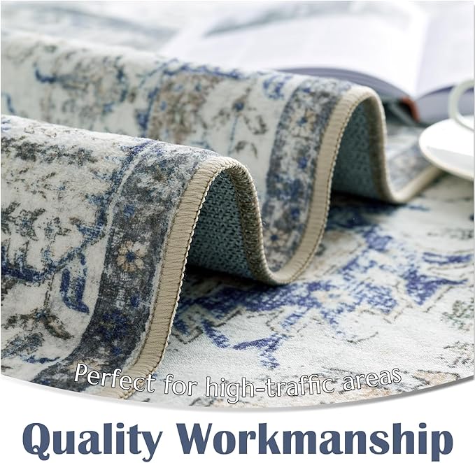 jinchan Kalen Area Rug 5x7 Washable Living Room Rug Soft Vintage Indoor Thin Retro Distressed Floor Cover Blue Floral Country Boho Rug Non Slip Carpet for Bedroom Office Dining Room