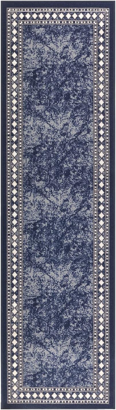 Antep Rugs Alfombras Modern Bordered 2x10 Non-Skid (Non-Slip) Low Profile Pile Rubber Backing Indoor Area Runner Rugs (Navy Blue, 2' x 10')