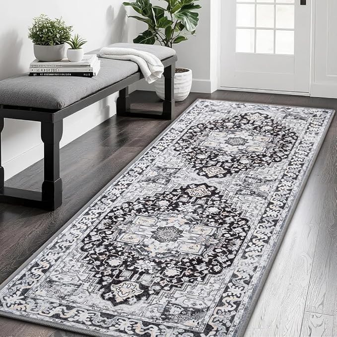 Runner Rug 2×6, Machine Washable Vintage Non-Slip Area Rug, Low Pile, Decorative Carpet Printed Floral Rugs for Living Room, Entryway, Kitchen, Bedroom, Black