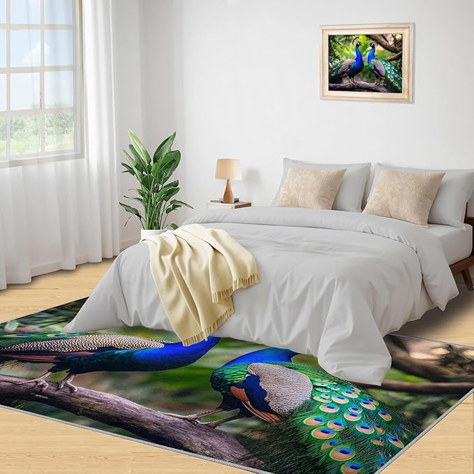 Peacock Rugs for Bedroom - 2x3 Rug, Peacock Couples Area Rugs for Living Room, Nature Carpet, Peafowl Washable Area Mat, Malachite Green Feather Carpet - Peafowl Home Decor & Gifts