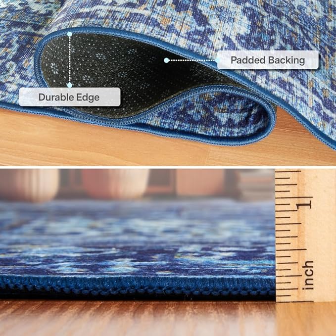 ReaLife Rugs Machine Washable Area Rug Runner - Living Room Bedroom Bathroom Kitchen Entryway Office - Padded Low Pile Stain Resistant Premium - Boho Vintage Traditional - Lyle - Blue 3' x 5'