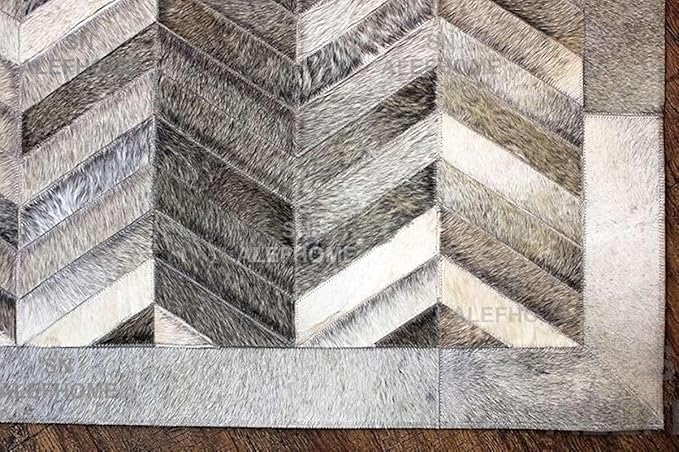 Chevron Pattern Faux Cowhide Area Rug | Non-Slip Leather Carpet for Living Room, Bedroom, and Office | Modern Designer Rug for Home Décor(3x8 ft_Grey)