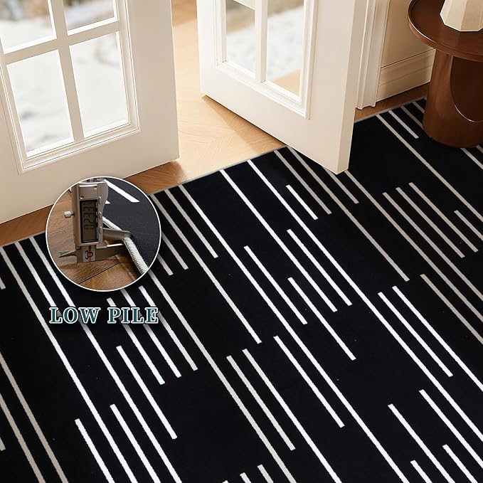 YIHOUSE Abstract Washable Rug 8x10,Ultra Thin Non Slip Black Rugs for Living Room,Modern Minimalist White Stripe Rugs for Bedroom,Dining Room Office Playroom (8'x10',Black-3)