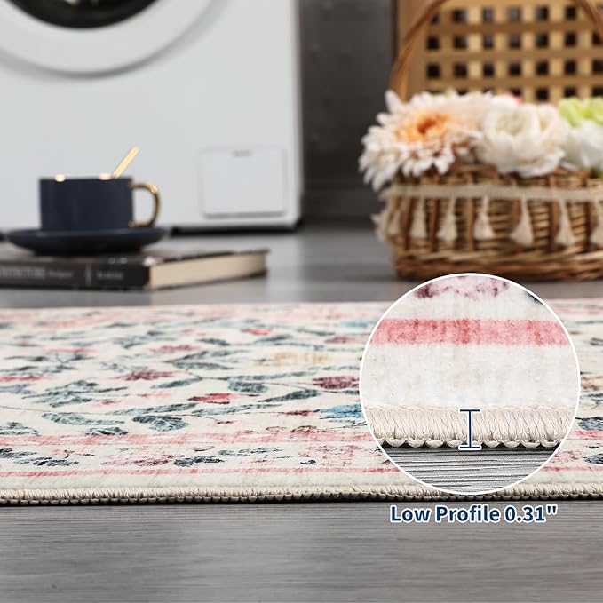 GarveeHome Washable Runner Rug 2.5 x 8 Non-Slip Non-Shedding Soft Vintage Bedside Low Pile Farmhouse Floral Carpet, Indoor Foldable Printed Entryway Rug for Hallway Kitchen, Pink