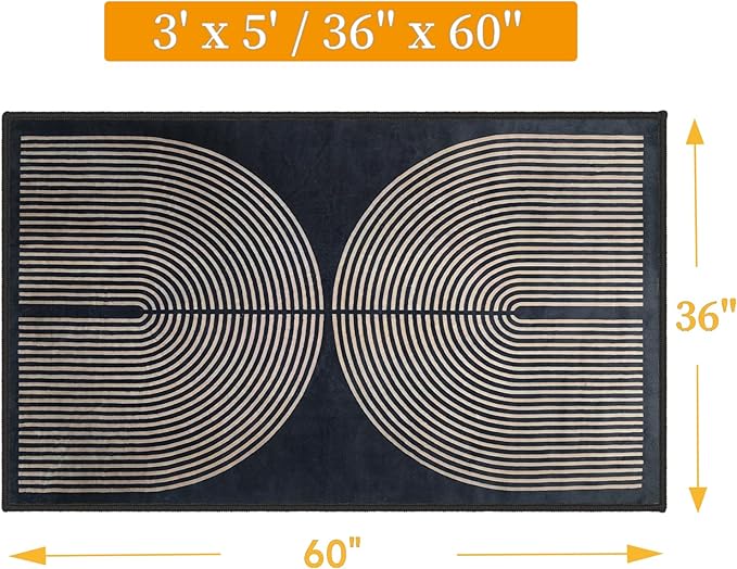Modern Rainbow Area Rug 3x5 Black Soft Non-Skid Washable Indoor Outdoor Rug, Abstract Living Room Bedroom Carpet for Home Office Patio