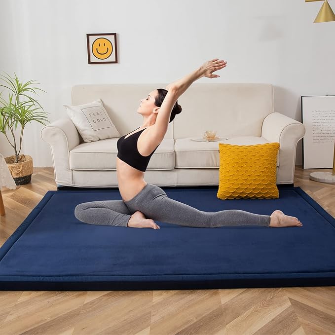MAXYOYO Coral Velvet Area Rug, Thick Japanese Tatami Mat Living Room Carpet with Non-Slip Backing, Large Solid Color Mat for Bedroom Dormitory Yoga, Navy, 78 by 118 inch