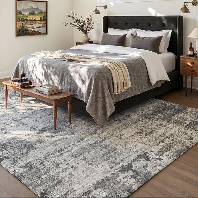 Area Rug 8x10 Washable Rug Black for Living Room, Dining Room, Bedroom, Large Carpets, Non Slip & Non-Shedding Low Pile Vintage Print Rug for Home Office Decor