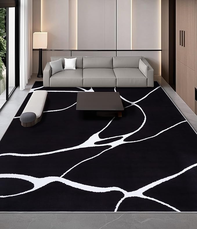YIHOUSE Modern Washable Area Rug for Living Room Bedroom - Large Abstract Black and White Rug Non-Slip Ultra-Thin Home Decor (Dark Warping, 8'x10'ft)