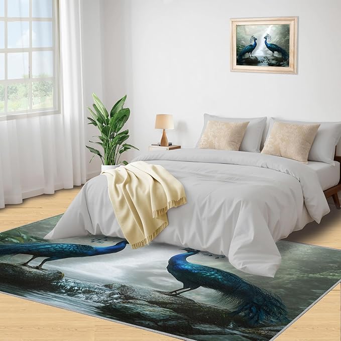 Peacock Rug 5x8-5x8 Rug, Peacock Couples Area Rugs for Bedroom, Nature Waterfall Rugs for Living Room, Animal Bird Washable Mat, Teal Turquoise Carpet - Peafowl Home Decor & Gifts