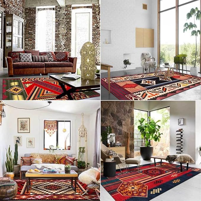 Vintage Boho Area Rugs Multicolor Ethnic Style Geometric Splicing Carpets Bedroom Living Room Kitchen Floor Mats Indoor Outdoor Non-Shedding Runner Rug Home Décor Carpet 3' X 4'