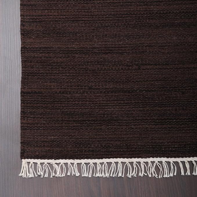 Rugsotic Carpets Hand Woven Flat Weave Kilim Wool ECO-Friendly Area Rugs - 6'x6', Square Shape, Dark Brown Color, Solid Plain Design, Low Pile Handmade Rugs for Living Room, Bed Room (D00111)