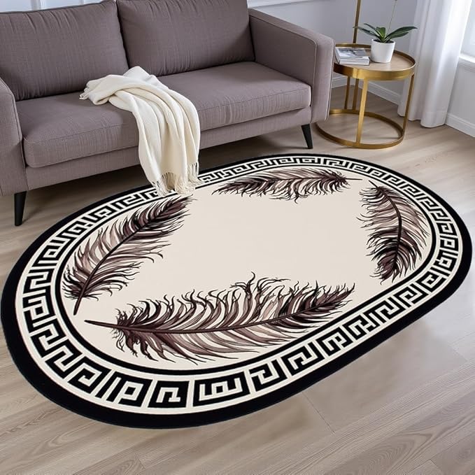 Light Beige Tan Black Greek Key Pattern Bordered Large Rugs for Living Room Bedroom Dining Room Machine Washable Non Skid Soft Area Rug 10x12 Nursery Dorm Guestroom Minimalist Oval Floor Mats Carpet