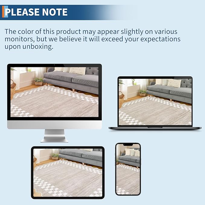 GarveeHome 4x6 Area Rug Small Washable Living Room Rug Scalloped Rug with Rubber Backing Stain Resistant Low Pile Dining Room Throw Carpet Modern Bordered Mat for Bedroom Kitchen, Fog
