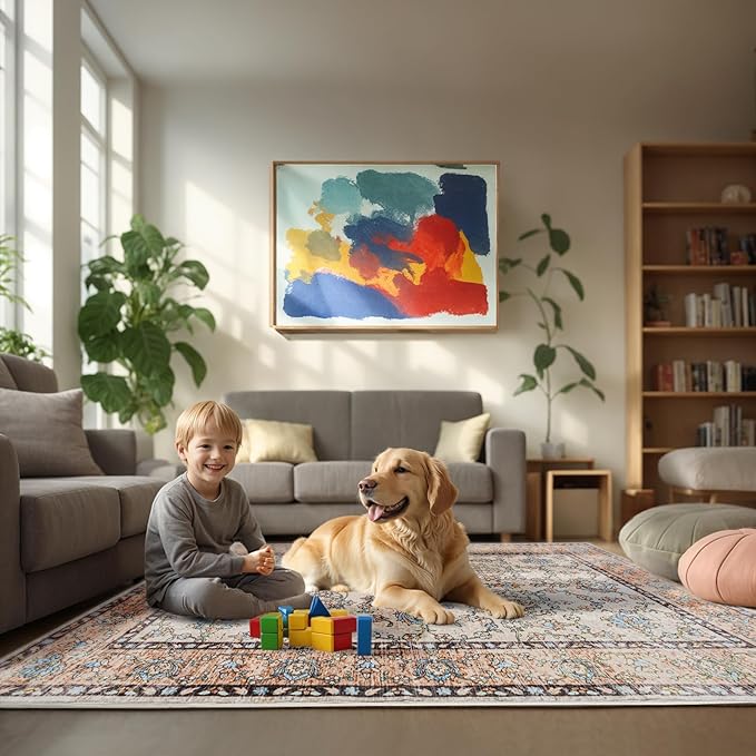 Area Rug 5x7, Washable Faux Wool Throw Rugs for Living Room, 0.3″ Non Slip Low Pile Vintage Boho Carpet for Ding Room, Home Office, Bedroom, Kids Room, Bedside (Khaki)