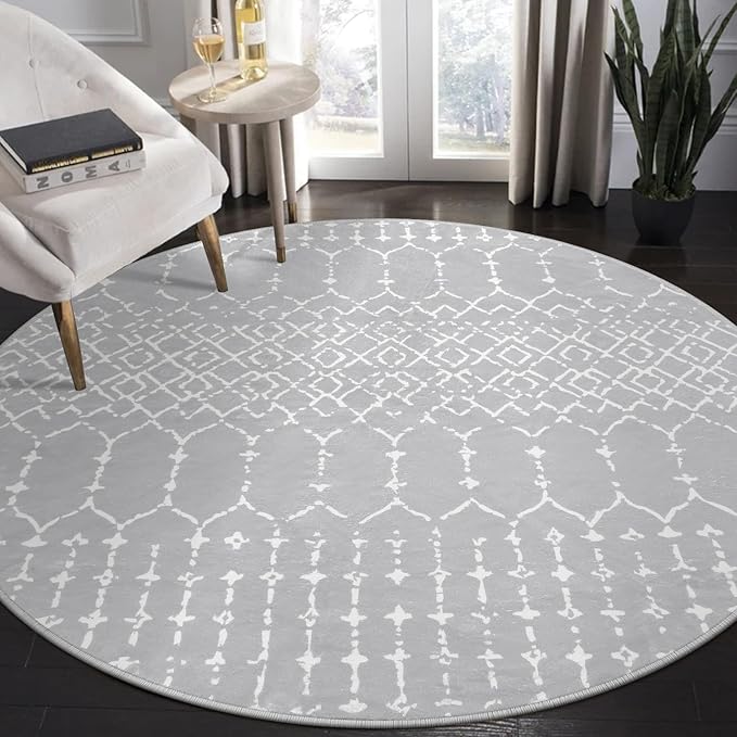 Lahome Moroccan Washable Round Rug 4Ft Round Area Rugs for Bedroom Non-Slip Grey Stain Resistant Round Kitchen Rug, Modern Geometric Print Indoor Floor Circle Carpet for Entryway Living Room Sofa