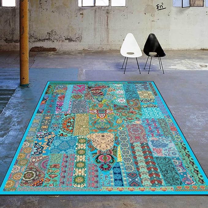 Vintage Boho Area Rugs Multicolor Ethnic Style Geometric Splicing Carpets Bedroom Living Room Kitchen Floor Mats Indoor Outdoor Non-Shedding Runner Rug Home Décor Carpet 5.2' X 7.5'
