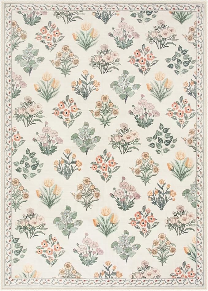 Wonnitar 5x7 Rug for Bedroom Decor, Washable Nursery Rug for Baby, Neutral Ultra-Thin Non Slip Floral Print Carpet for Kids Room Farmhouse Living Room Office, Cream Beige
