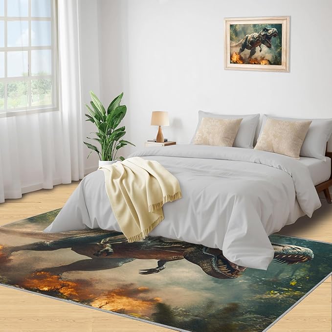 Dinosaurs Rugs for Bedroom - 3x4 Area Rug - Flame Dinosaurs Rugs for Living Room, Forest Landscape Rug, Washable Home Decor Carpet