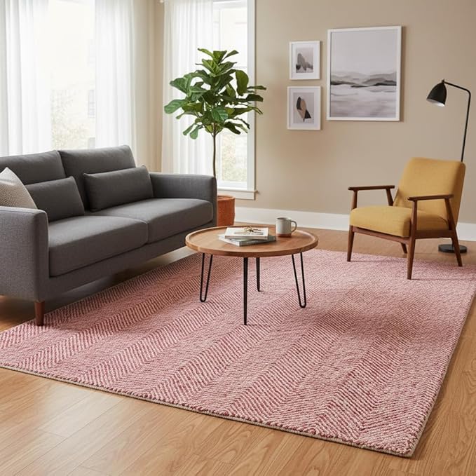 Modern Herringbone Chevron Collection Handcrafted Wool Area Rug - Durable, Zigzag Pattern, for High Traffic, Contemporary Design for Living Room, Bedroom, Dining Room Decor (Blush Pink, 6' x 9')