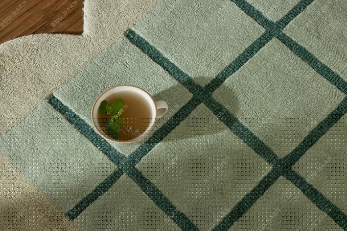 Mint Green Scalloped Edge Wool Area Rug with Checker Grid Design, Hand-Tufted Soft Carpet for Living Room, Bedroom, Nursery, Kids & Playroom Décor - 5x7 Ft
