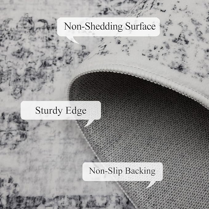 Washable Area Rugs 8x10, Large Rugs for Living Room, Carpet for Bedroom, Soft Faux Wool Retro Dining Room Rug, Non-Slip Backing Resistant Low Pile Vintage Print Rug for Home Office (White/Grey)