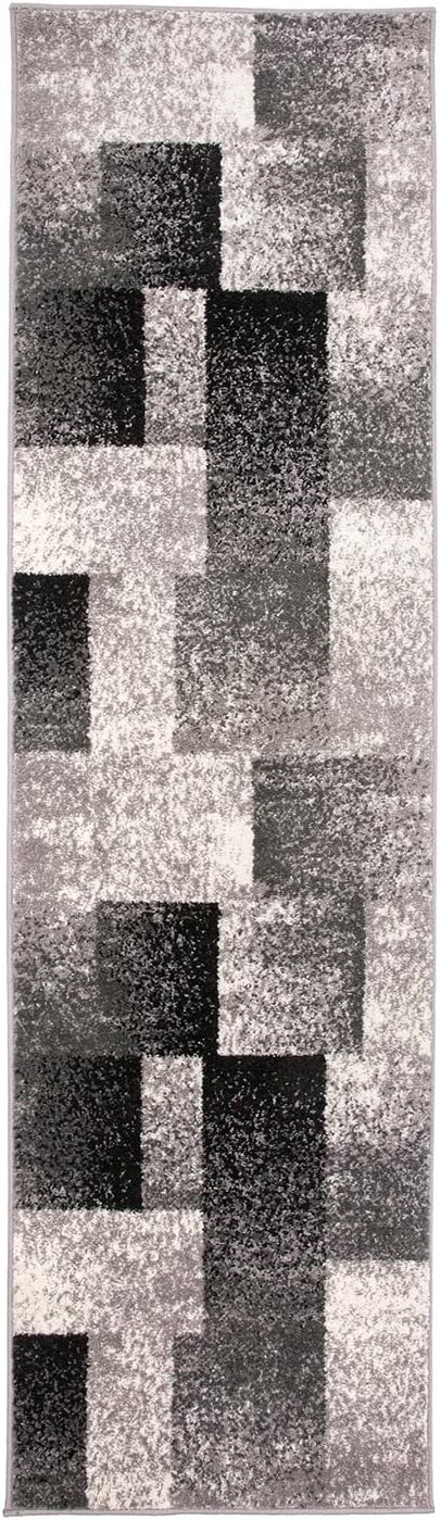 Rugshop Gray Modern Distressed Boxes Non-Shedding Runner Rug, Durable Low-Maintenance Design for Hallway, Corridor and Kitchen, 2' x 7'