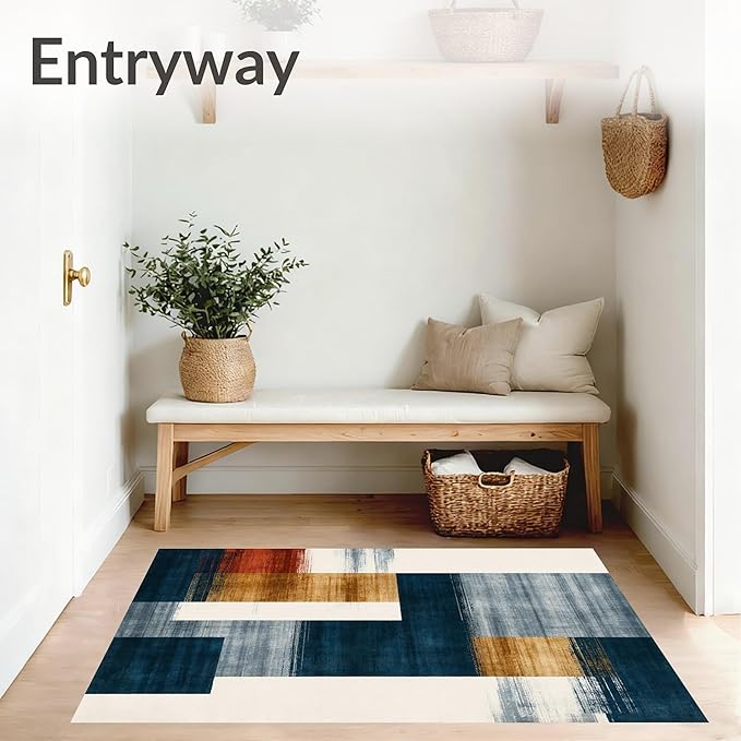 Flatwoven High Traffic Area Rug 4x6, Eclectic Funky Ink Wash Design Abstract Area in Multi Tone, Non Slip, Stain Resistant, Washable Area Rugs for Living Room, Bedroom (Blue, 4x6)