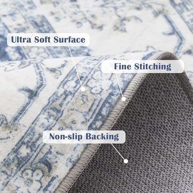 jinchan Fiora Round Rug 7ft Area Rug - Dark Blue Vintage Floor Mat Indoor Ultra-Thin Soft Floral Print - Washable Circle 7' Retro Accent for Farmhouse Non Slip Dining Room Living Room Bedroom Office