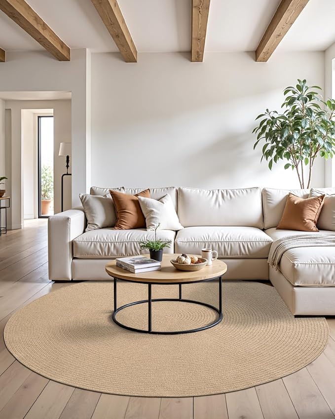 DEXI Round Jute Rug Natural Fiber 4x4, Braided Woven Area Rugs No Shed, Soft Neutral Rustic Carpet Mat for Indoor Outdoor Patio Dining Living Room Bedroom Farmhouse, 4ft, Beige