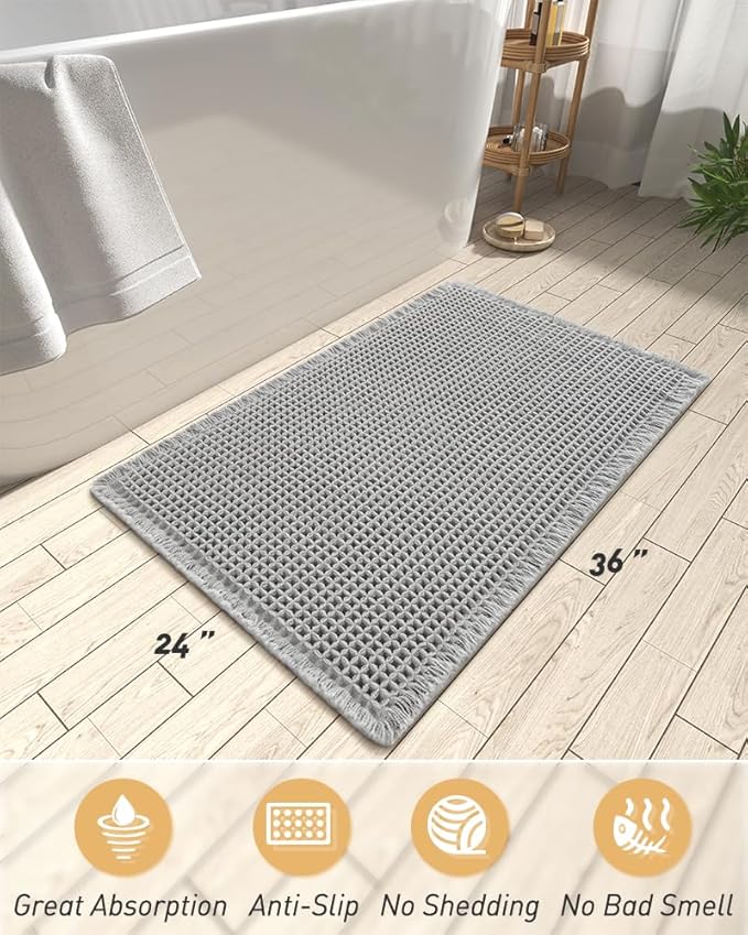 AMOAMI Upgraded Waffle Bath Mat, Super Absorbent Non Slip Bath Mats for Bathroom Floor, Machine Washable Bathroom Rugs with Tassels, Rubber Backed Bathroom Mats, Ultra Soft, 24" x 36", Grey