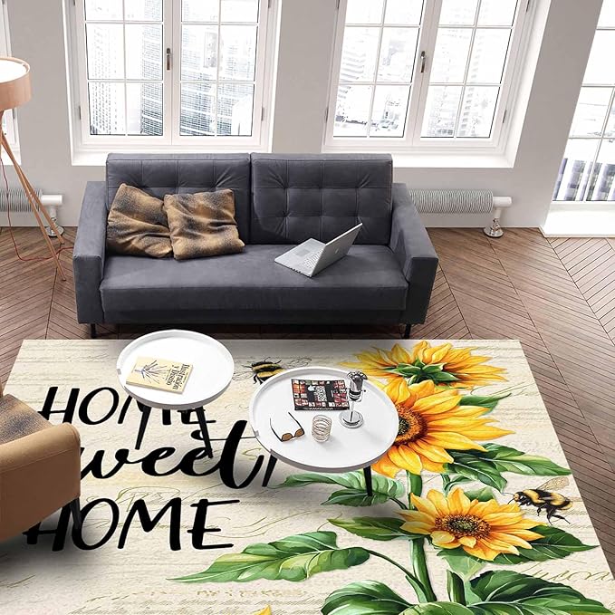 Summer Sunflowers Rectangular Area Rugs for Living Room Bedroom 2.8 x 5 ft Rustic Floral Bees Green Leaves Non-Shedding Soft Low Pile Rug Non Slip Washable Rug for Nursery Entryway Playroom