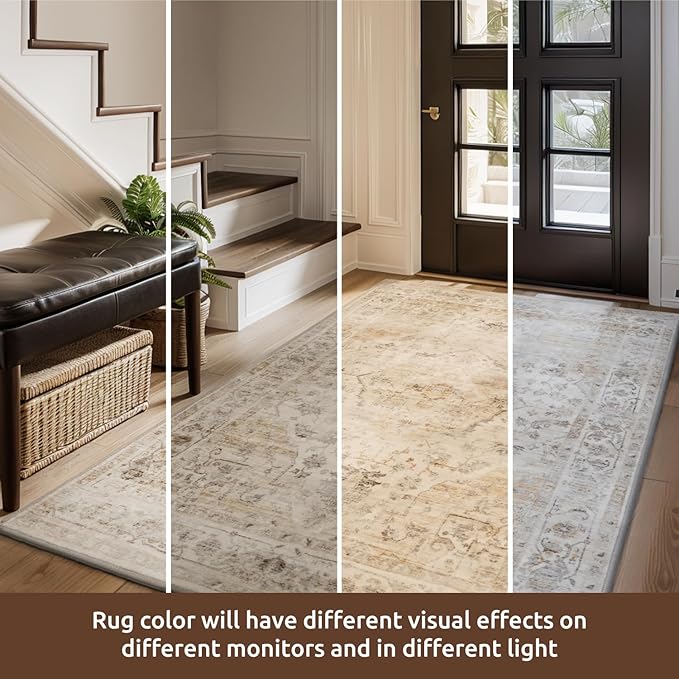 AMOAMI-2X10 Runner Rug-Washable Runners for Hallways-Soft Non Slip Bedside Rugs for Bedroom-Vintage Long Rug for Hallways Entryway Laundry Room Stair Kitchen Bathroom Beige