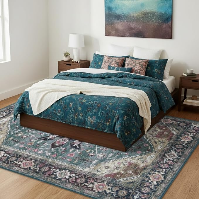 Enkor Area Soft Rugs 5x7 Washable Non Slip Boho Floor Rugs for Living Room Bedroom, Vintage Style Farmhouse Mat for Kitchen Entryway Purple & Green