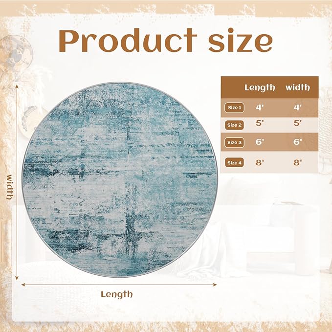 Round 4ft Area Rug Modern Abstract Washable for Living Room Entryway Dining Room Home Office Teal Gray