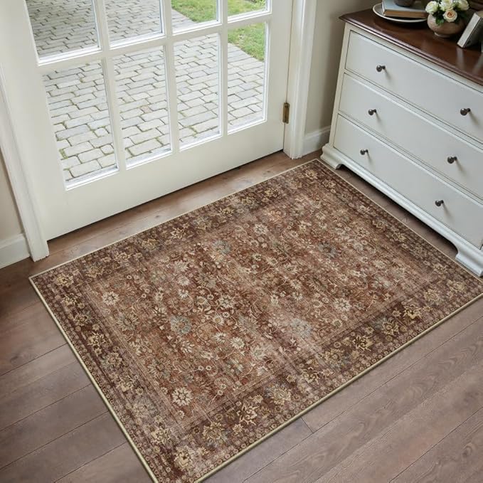 HUGEAR 2x3 Small Rug Machine Washable Area Rug Brick Red Entryway Rugs Entrance Door Mat Indoor Accent Rugs Floral Low Pile Carpet Distressed Throw Rug Kitchen Bedroom Office Non Slip