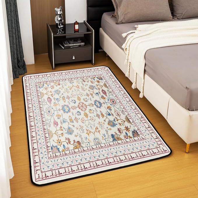 Boho 5x7 Area Rug Vintage Floral Living Room Rug | Art Deco Abstract Rugs for Bedroom, Retro Tribal Aesthetic Oriental Carpet Indoor Floor Mat